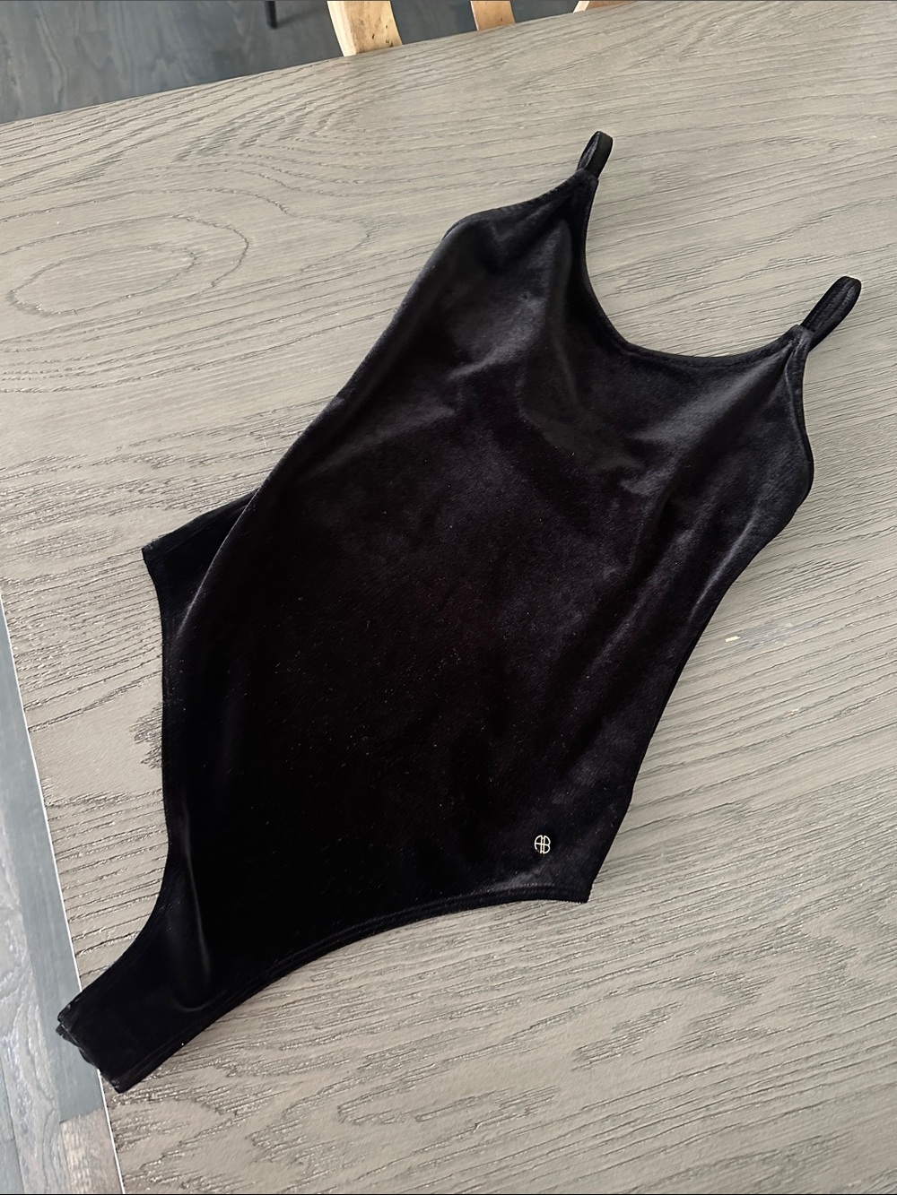 Anine Bing Black Velvet Bodysuit with Logo Charm